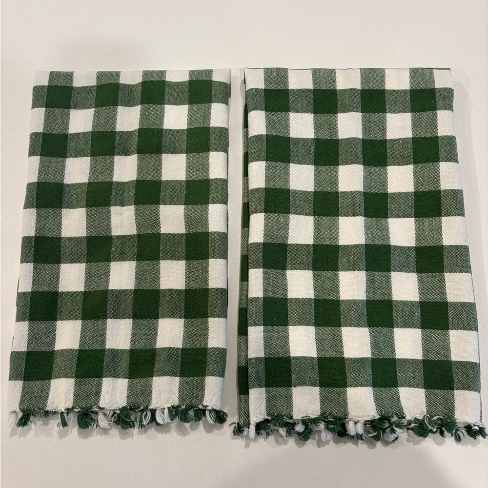 Set of two Heather Taylor Home tea towels, hunter green and white.